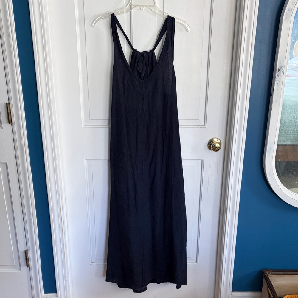 Navy Linen Dress with POCKETS and Back Tie